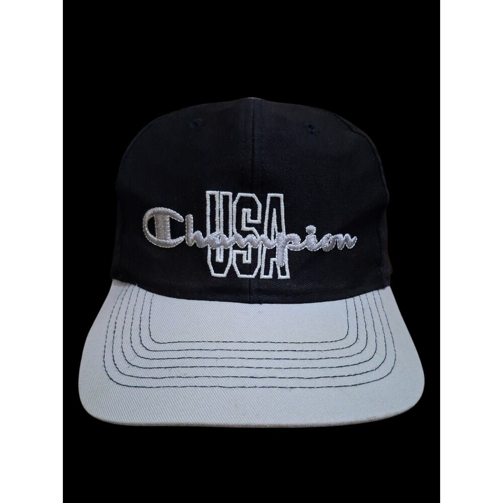 Vintage Champion USA Snapback Hat Black White Spellout Logo Green Underbill Cap